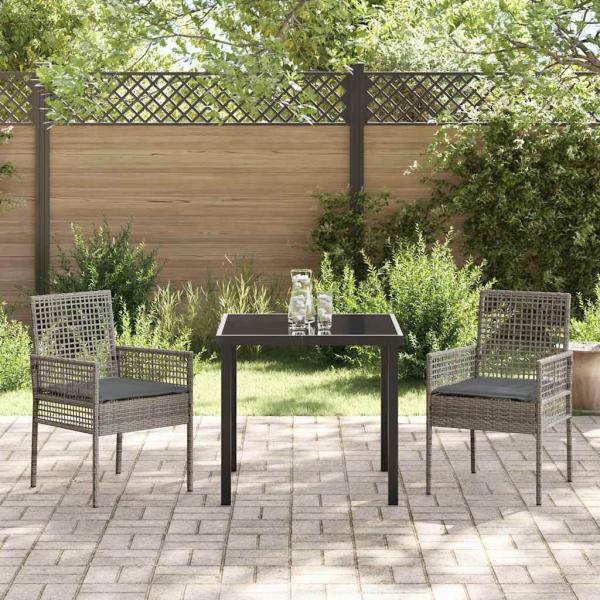 3-teiliges Garten Essset mit Kissen Grau Poly Rattan