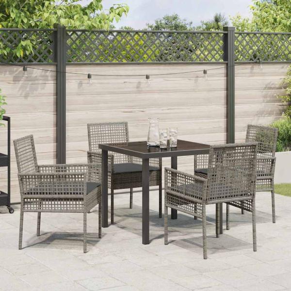 5-teiliges Garten-Esszimmer-Set mit Kissen Grau Poly-Rattan