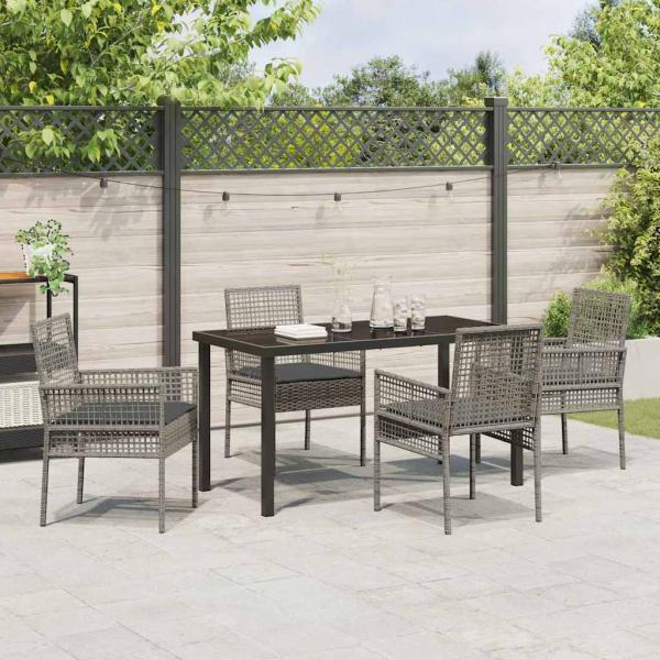 5-teilige Garten-Essgruppe mit Kissen Grau Poly Rattan