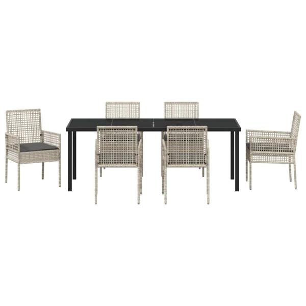 7-teiliges Garten Esstisch Set mit Kissen Hellgrau Poly Rattan