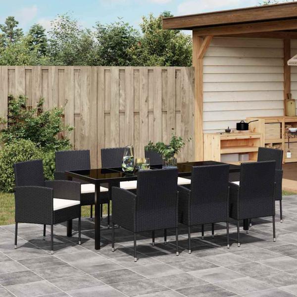 ARDEBO.de - 9-teiliges Garten-Dinner-Set mit Kissen Schwarz Poly-Rattan