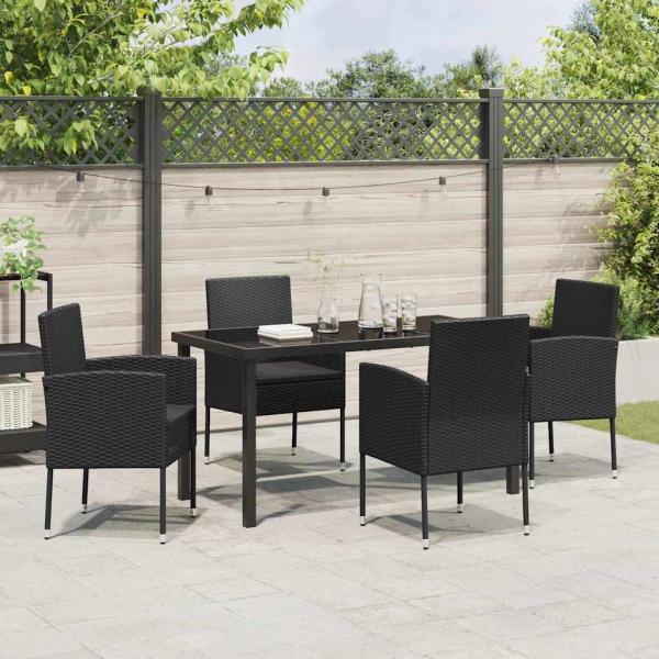 5-teiliges Garten-Essset mit Kissen Schwarzes Poly-Rattan