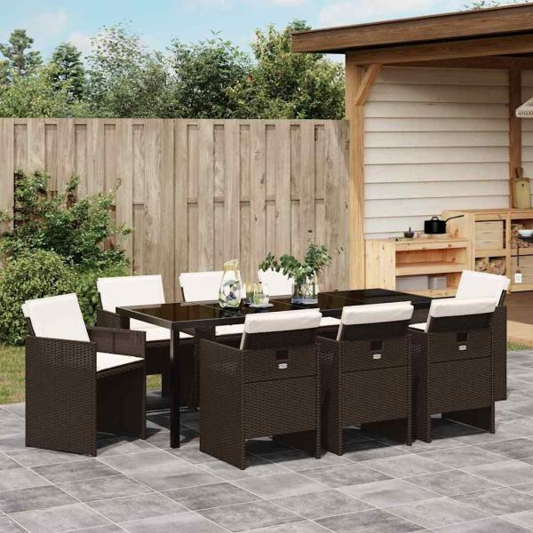9-teiliges Garten-Dining-Set mit Kissen, braunes Poly-Rattan