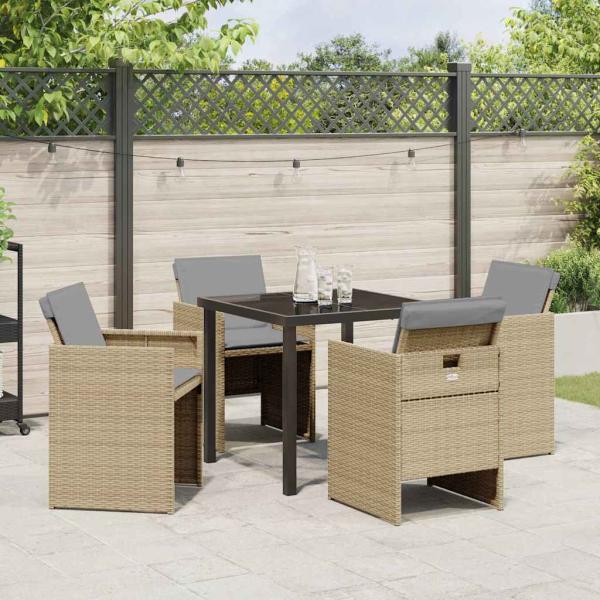 5-teiliges Garten-Essset mit Kissen in beige Poly-Rattan