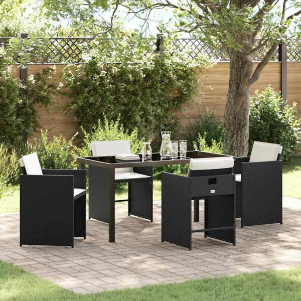 ARDEBO.de - 5-teilige Garten-Essgruppe mit Kissen Schwarz Poly Rattan