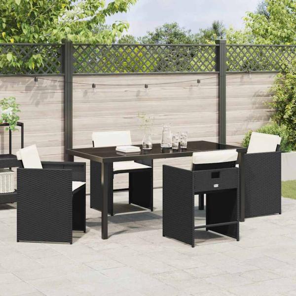 5-teilige Garten-Dining-Set mit Kissen Schwarz Poly-Rattan