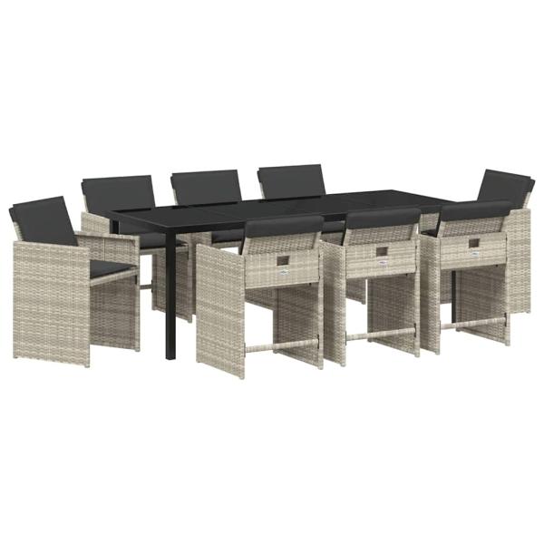ARDEBO.de - 9-teiliges Garten-Essset mit Kissen Hellgrau Poly-Rattan