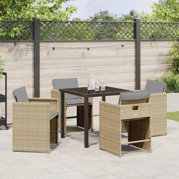 5-teiliges Garten-Ess-Set mit Kissen in Beige aus Poly Rattan