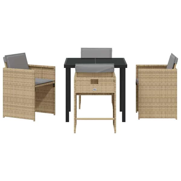 5-teiliges Garten-Ess-Set mit Kissen in Beige aus Poly Rattan