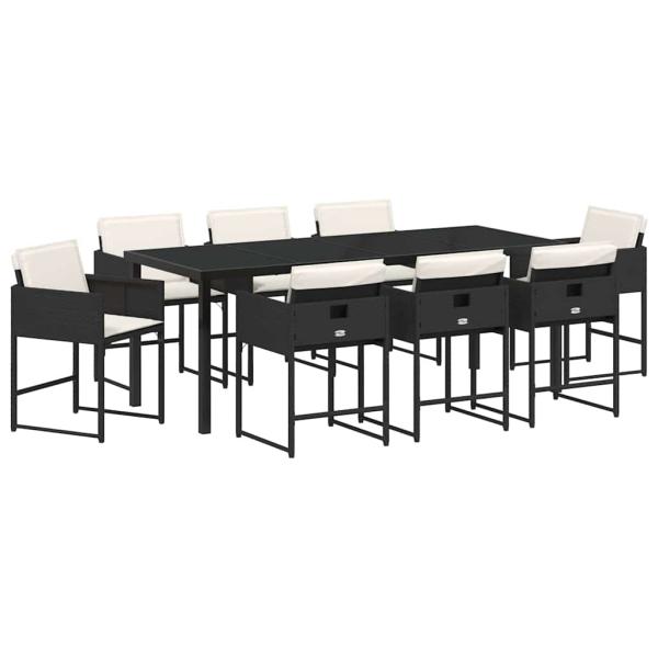 9-teiliges Garten-Essset mit Kissen - Schwarzes Poly-Rattan
