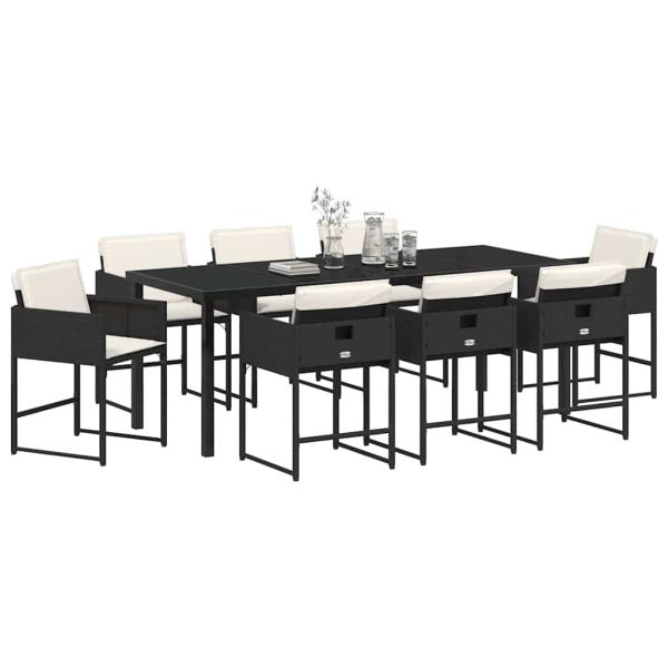 9-teiliges Garten-Essset mit Kissen - Schwarzes Poly-Rattan