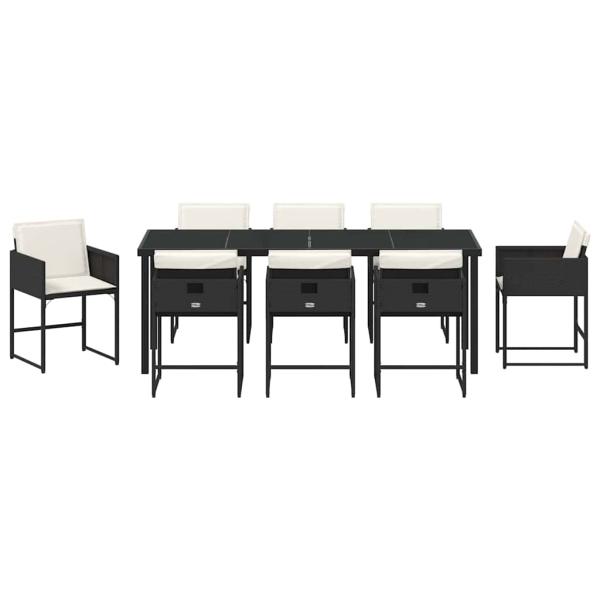 9-teiliges Garten-Essset mit Kissen - Schwarzes Poly-Rattan