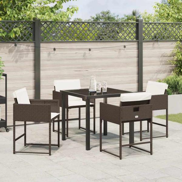 5-teiliges Garten-Esszimmer-Set mit Kissen aus braunem Poly-Rattan