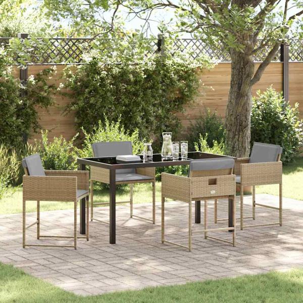 ARDEBO.de - 5-teiliges Garten Esszimmer Set mit Kissen Beige Poly Rattan