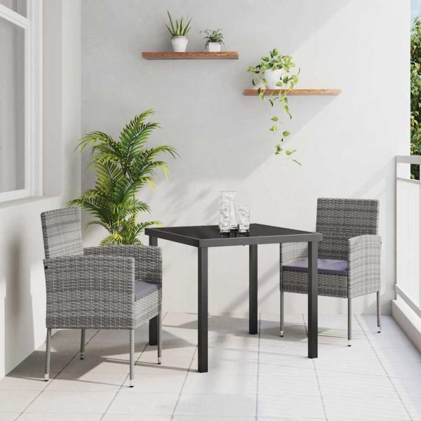 ARDEBO.de - 3-teiliges Garten-Ess-Set mit Kissen Grau Poly Rattan