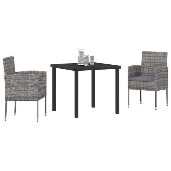 3-teiliges Garten-Ess-Set mit Kissen Grau Poly Rattan