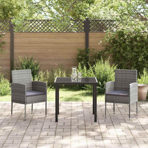 3-teiliges Garten-Ess-Set mit Kissen Grau Poly Rattan