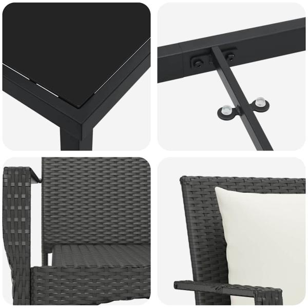 5-teiliges Garten-Dining-Set mit Kissen - Schwarzes Poly-Rattan