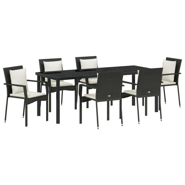ARDEBO.de - 7-teilige Garten Esszimmer Set mit Kissen Schwarz Poly Rattan