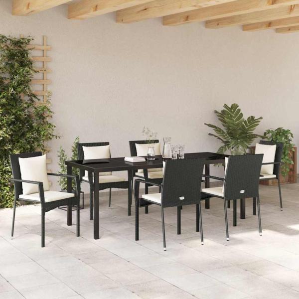 7-teilige Garten Esszimmer Set mit Kissen Schwarz Poly Rattan