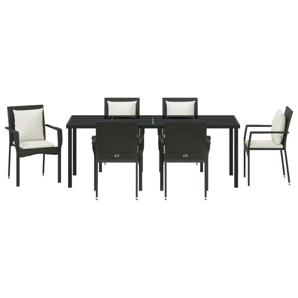 7-teilige Garten Esszimmer Set mit Kissen Schwarz Poly Rattan