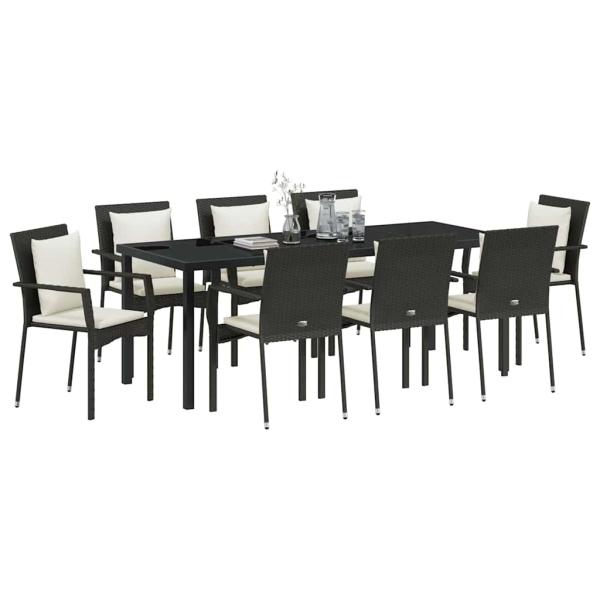 9-teiliges Garten-Ess-Set mit Kissen Schwarz Poly-Rattan
