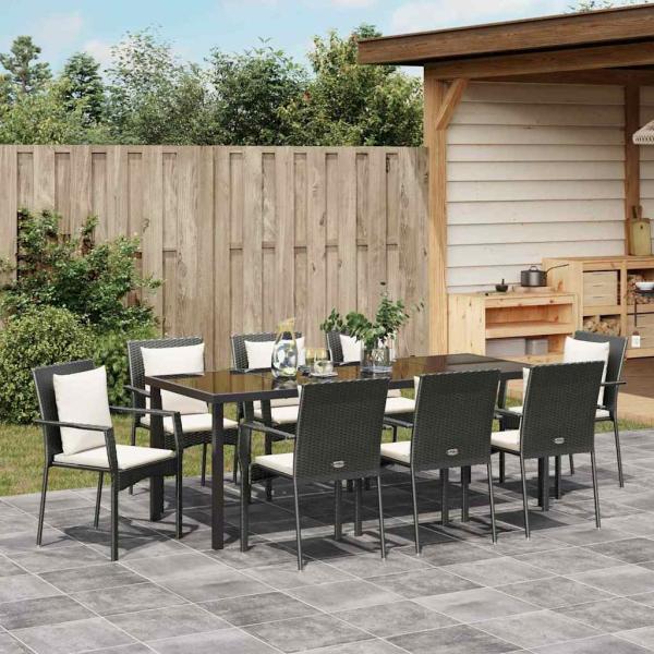9-teiliges Garten-Ess-Set mit Kissen Schwarz Poly-Rattan
