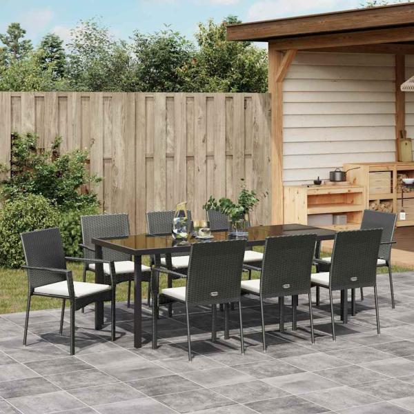 9-teiliges Garten-Ess-Set mit Kissen Schwarz Poly-Rattan