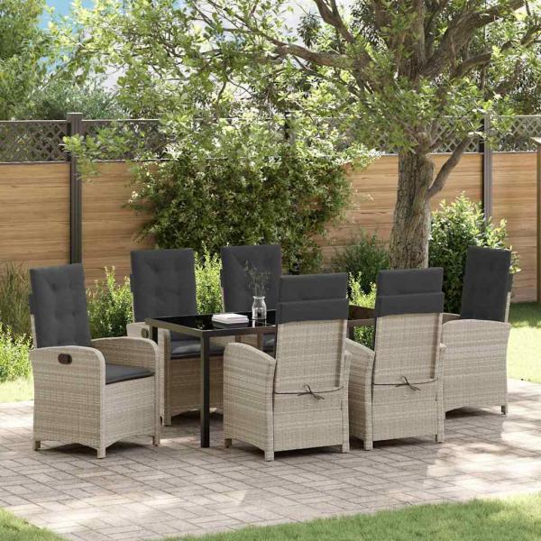 ARDEBO.de - 7-teiliges Garten-Esszimmer-Set mit Kissen Hellgrau Poly-Rattan