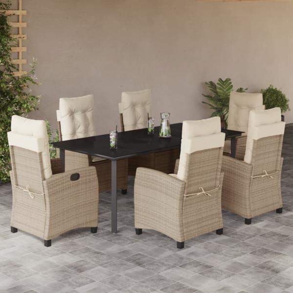 ARDEBO.de - 7-tlg. Garten-Essgruppe mit Kissen Beige Poly Rattan