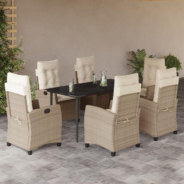 ARDEBO.de - 7-tlg. Garten-Essgruppe mit Kissen Beige Poly Rattan