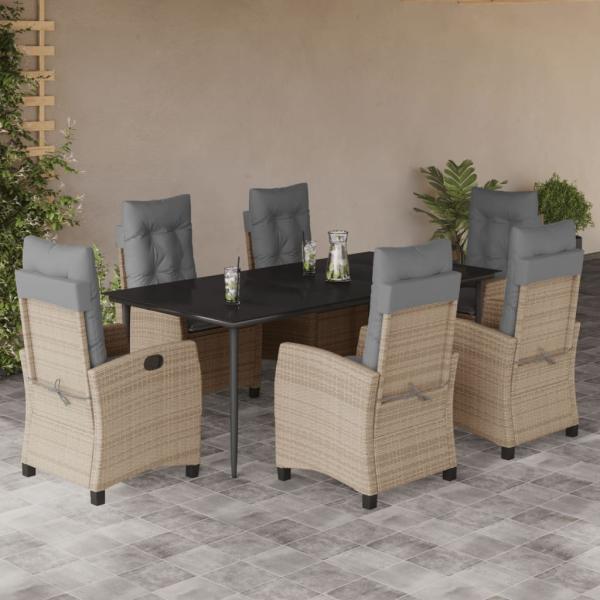 ARDEBO.de - 7-tlg. Garten-Essgruppe mit Kissen Beigemischung Poly Rattan