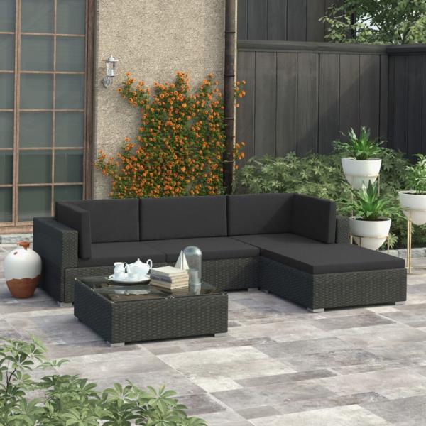 ARDEBO.de - 5-tlg. Garten-Lounge-Set mit Kissen Poly Rattan Schwarz