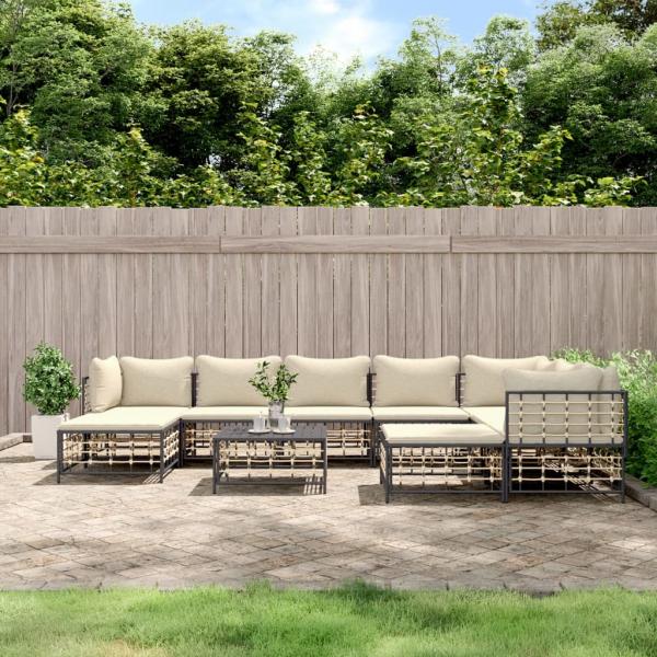 ARDEBO.de - 10-tlg. Garten-Lounge-Set mit Kissen Anthrazit Poly Rattan