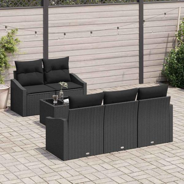 6-teiliges Garten-Sofa-Set mit Kissen schwarzes Poly-Rattan