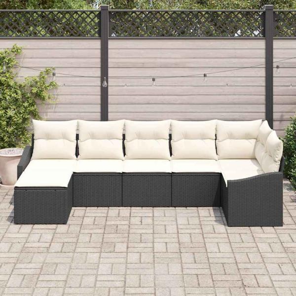 7-teiliges Garten-Esszimmer-Set mit Kissen Schwarz Poly-Rattan
