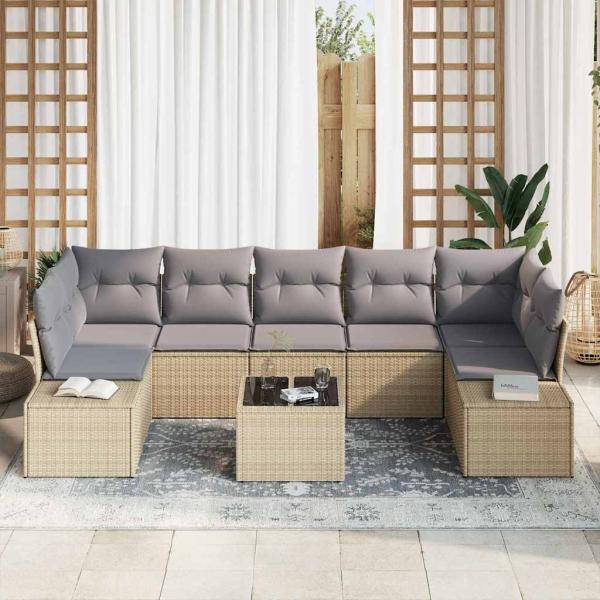 8-teiliges Garten Sofa Set mit Kissen Beige Poly Rattan