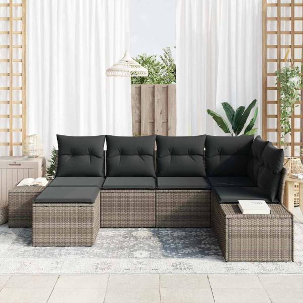 6-teiliges Garten-Sofa-Set mit Kissen Grau Poly Rattan