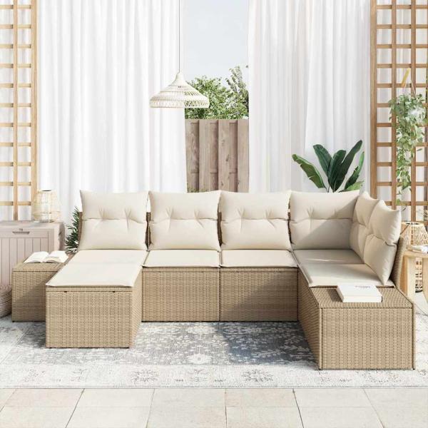 6-teiliges Garten-Sofa-Set mit Kissen Beige Poly-Rattan