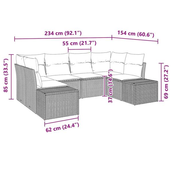 6-teiliges Garten Sofaset mit Kissen Grau Poly Rattan