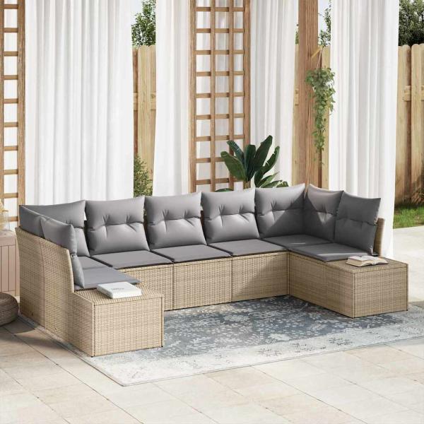 ARDEBO.de - 7-teiliges Garten-Sofa-Set mit Kissen Beige Poly Rattan