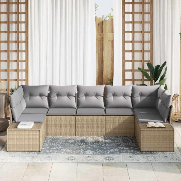 7-teiliges Garten-Sofa-Set mit Kissen Beige Poly Rattan