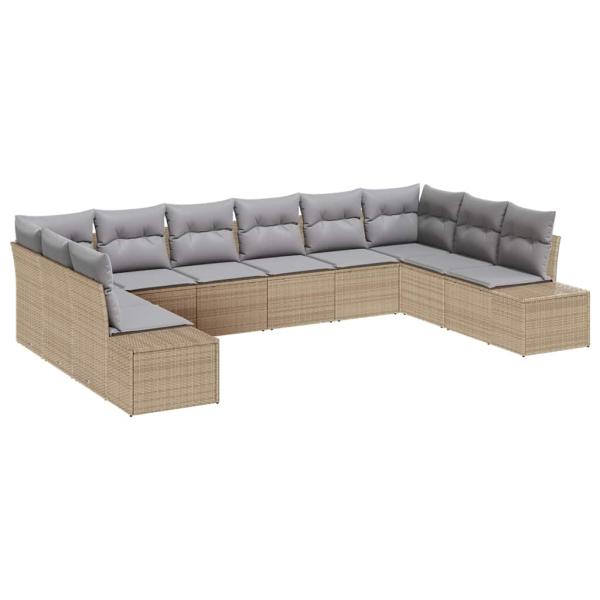 10-teiliges Garten Sofa Set mit Kissen Beige Poly Rattan