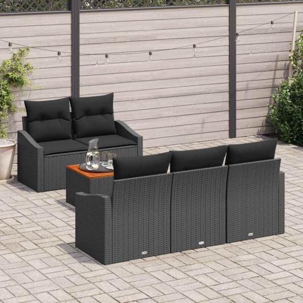6-teiliges Garten-Sofa-Set mit Kissen Schwarz Poly-Rattan Akazie