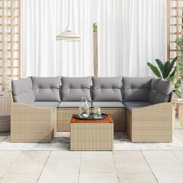 7-Teiliges Garten Sofa Set mit Kissen Beige Poly Rattan Akazie