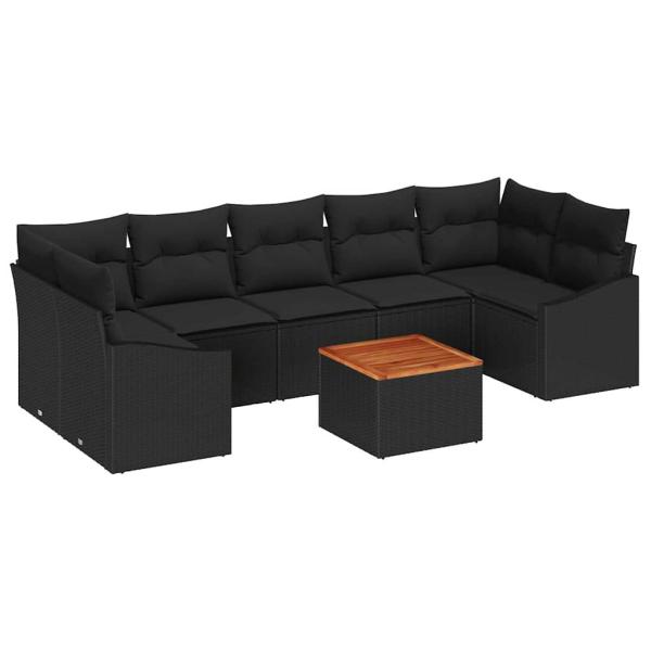 8-teiliges Garten Sofa Set mit Kissen Schwarz Poly Rattan Akazie