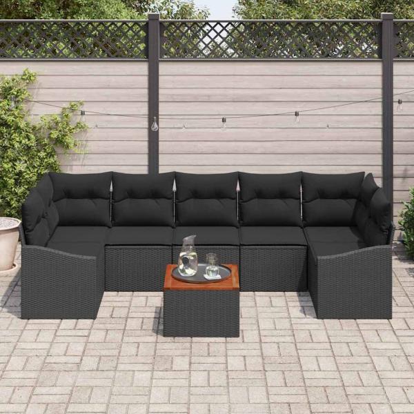 8-teiliges Garten Sofa Set mit Kissen Schwarz Poly Rattan Akazie