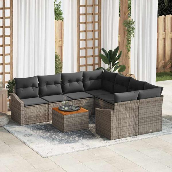 ARDEBO.de - 9-teiliges Garten Sofa Set mit Kissen Grau Poly Rattan Akazie