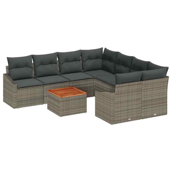 9-teiliges Garten Sofa Set mit Kissen Grau Poly Rattan Akazie