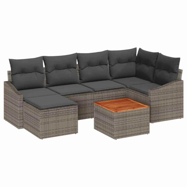 7-teiliges Garten Sofa Set mit Kissen Grau Poly Rattan Akazie